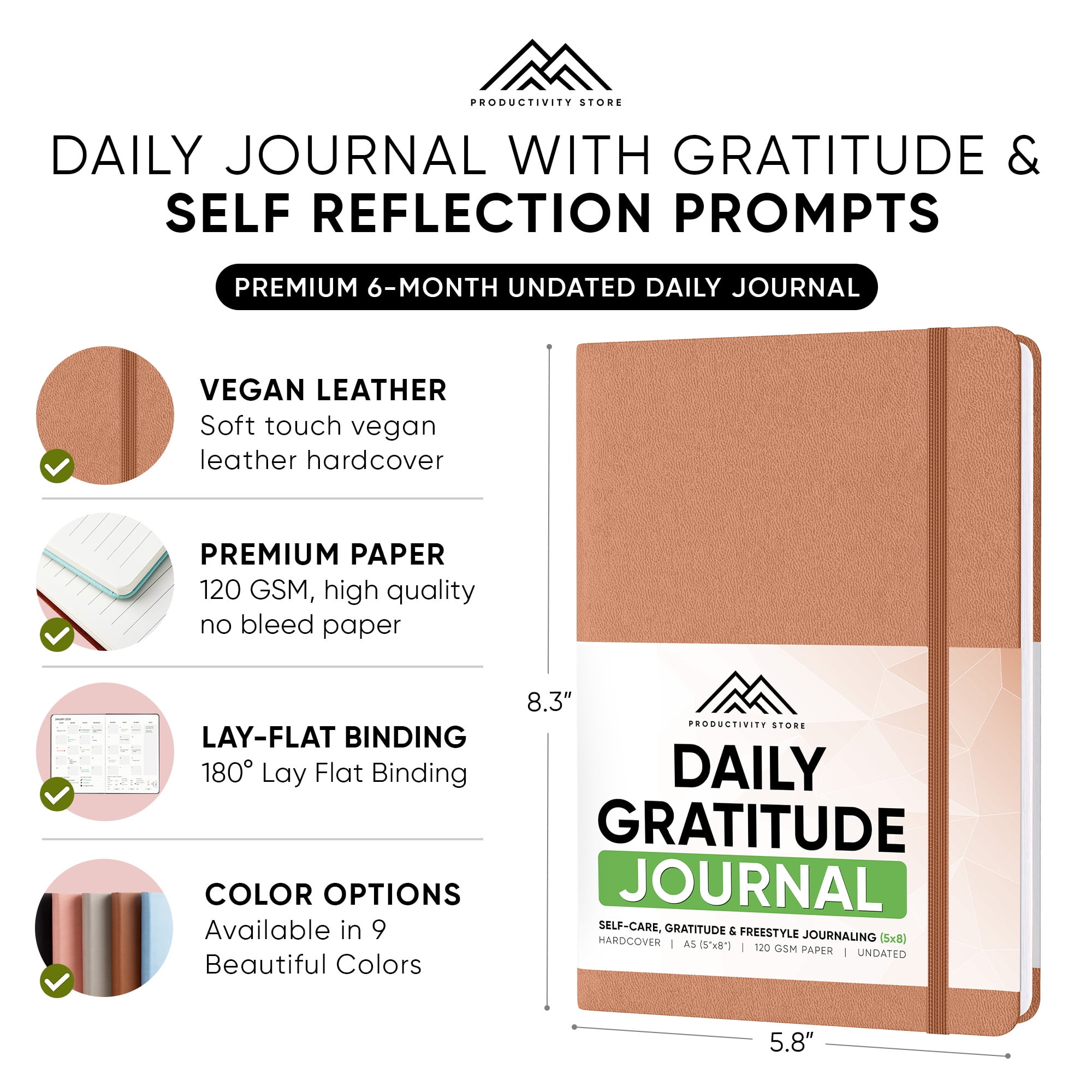 Daily Journal For Mindfulness & Productivity - Inspirational Journals To Write In, Writing Prompt Journal & Guided Journal Gifts For Men & Women - Hardcover Diary Notebook (Leather)