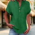 thumbnail image 2 of GIPQJK Womens Linen Shirt Button Short Sleeve V Neck Summer Tops Loose Fit Dressy Blouses Rolled Cuffed Lightweight Fashion Clothes,Green M, 2 of 9