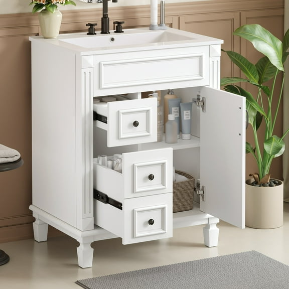 24" Bathroom Vanity with Ceramic Sink, Small Bathroom Vanity with 2 Drawers, Modern Vanity with Adjustable Shelf for Powder Room, Guest Bath, Apartment, White