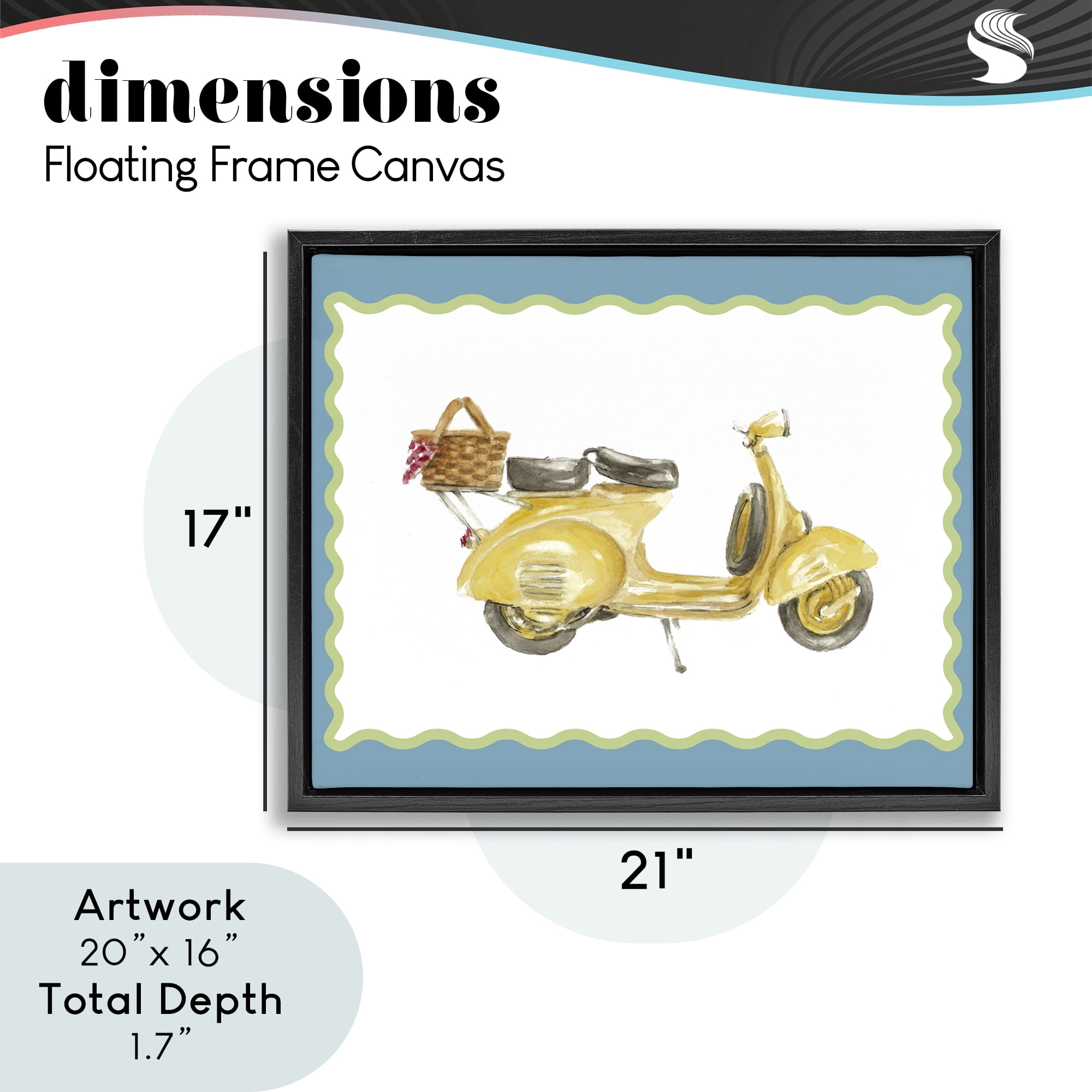 Stupell Industries Yellow Vespa with Wavy Border Black Framed Floater Canvas Wall Art, design by Lanie Loreth