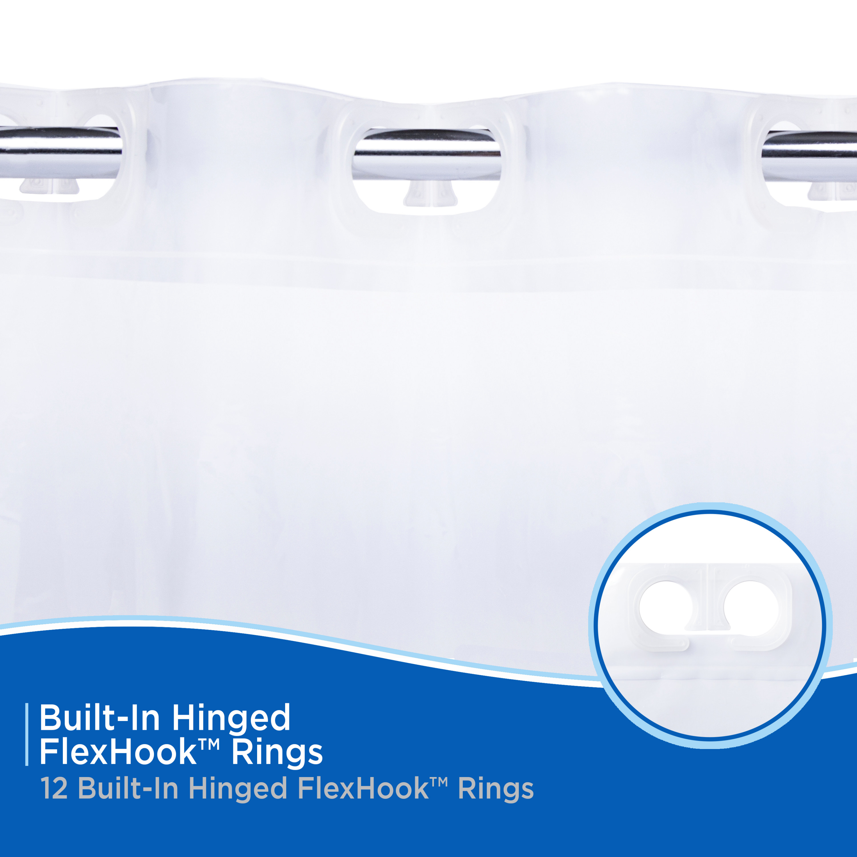 Kenney FlexHook Medium Weight PEVA Shower Curtain Liner, 71" W x 74" H, Clear