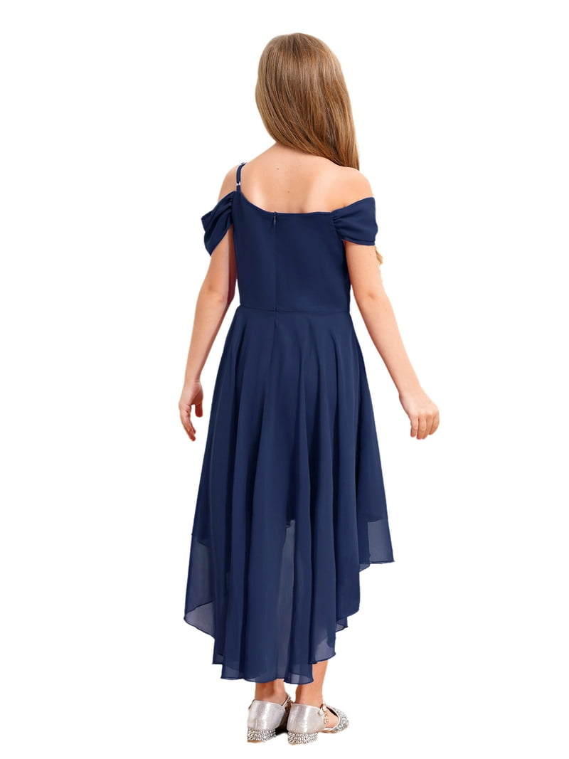Yartina Girls 3D Applique Bridesmaid Dress Off Shoulder Irregular Hem  Wedding Birthday Formal Dress Navy Blue 12 - Walmart.com