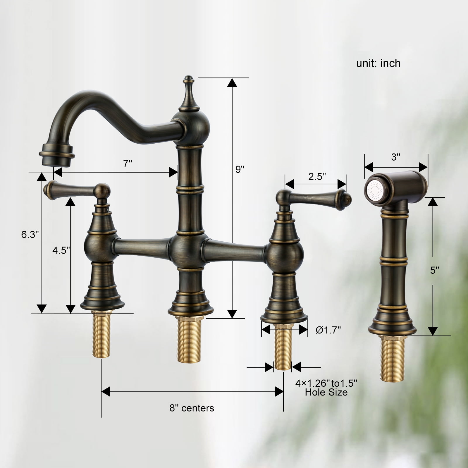 Wowow Double Handle 8 Inch Centerset Bridge Kitchen Faucet with Side Sprayer,Solid Brass Kitchen Faucet in Antique Bronze
