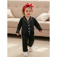 thumbnail image 4 of Spewahor Kids Girl Satin Pajama Set Ruffle Trim Long Sleeve Button-up Tops and Elastic Waist Pants 2 Piece Sleepwear Outfit, 4 of 9