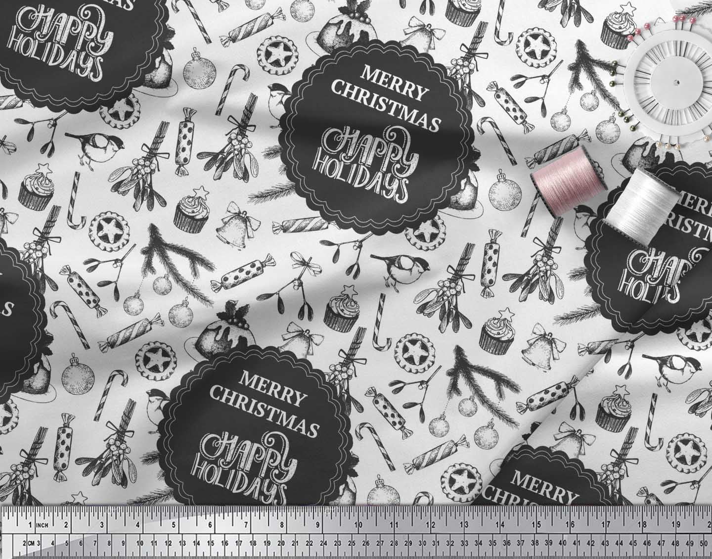 Soimoi Black Rayon Fabric Candies,Bell & Baubles Christmas Print Sewing Fabric Yard 42 Inch Wide