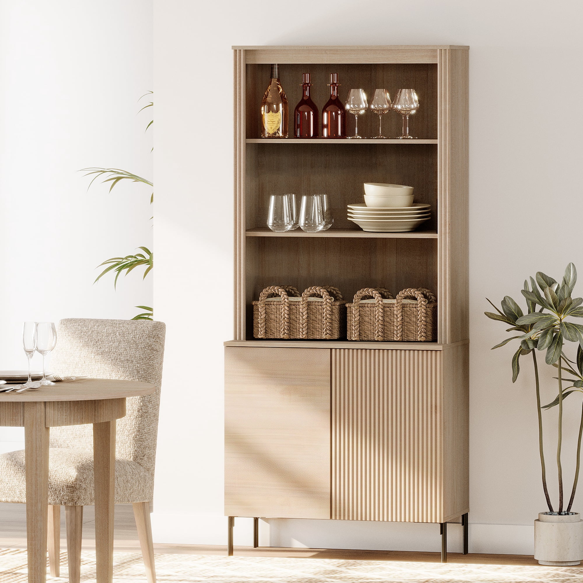 71.6" Tall Modern 5 Tier Bookcase with Storage Cabinet, Wooden Display Cabinet with Fluted Doors and Adjustable Shelves, Versatile Bookshelf for Living Room, Study, Office