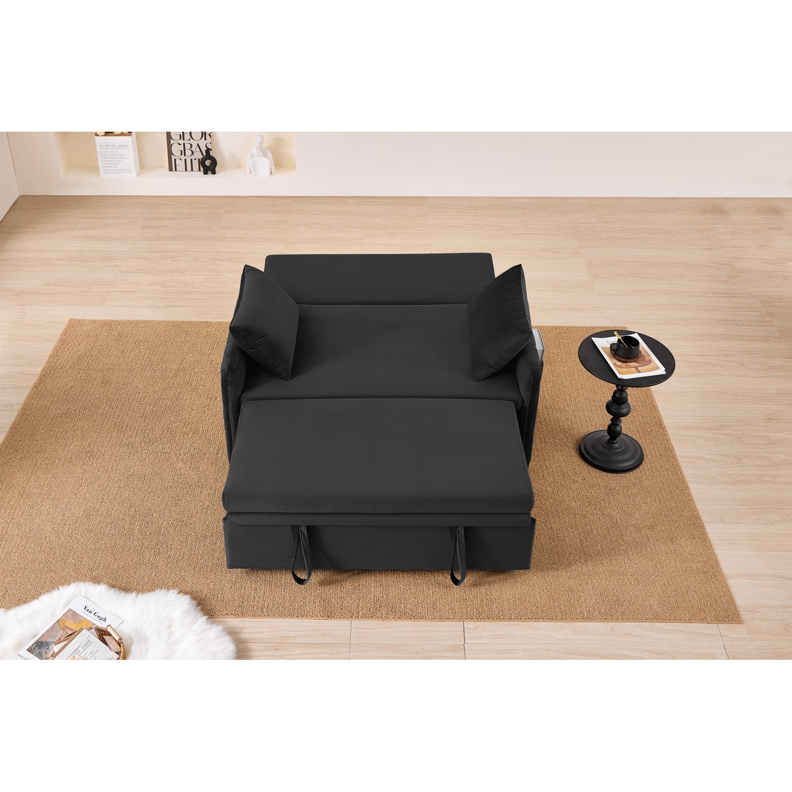 Leumius 3 in 1 Convertible Sleeper Sofa Bed, Modern Convertible Sofa Bed with 5-Position Adjustable Backrest,Velvet Pull Out Couch with Pull Out Bed for Living Room Furniture,Black