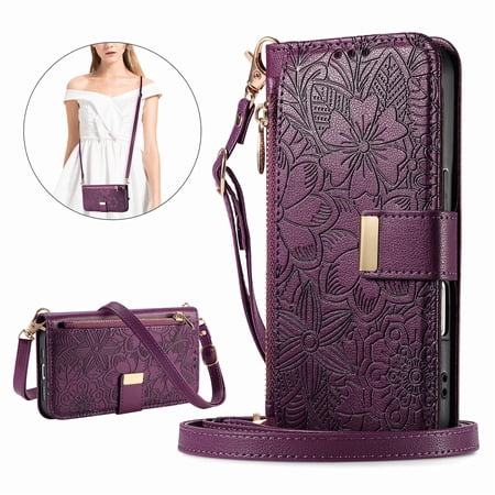 TECH CIRCLE for iPhone 17e/16e Wallet Case, Magnetic Floral Embossed PU Leather+TPU Crossbody Strap/Wrist Strap Case with Card Holder Zipper Wallet Shockproof Kicstand Cover,Purple
