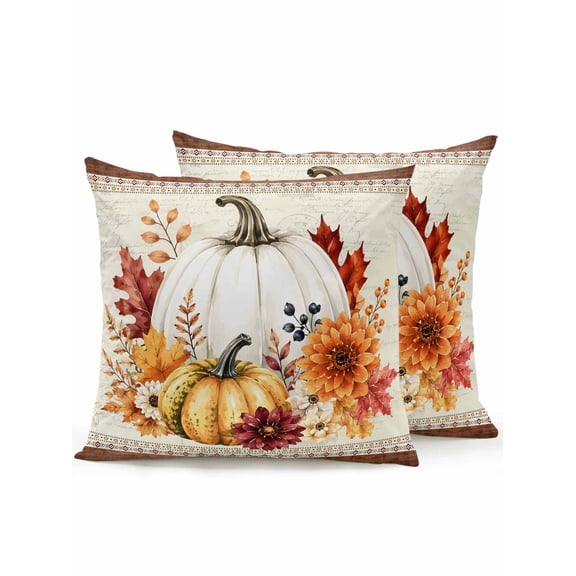 Outdoor Pillows Waterproof, Fall Boho Pumpkins Bedding Throw Pillows with Insert for Couch Sofa Bed, Thanksgiving Farmhouse Vintage Maple Leaf 16x16 Inch Pillowcases Decorative Patio Pillow Set of 2