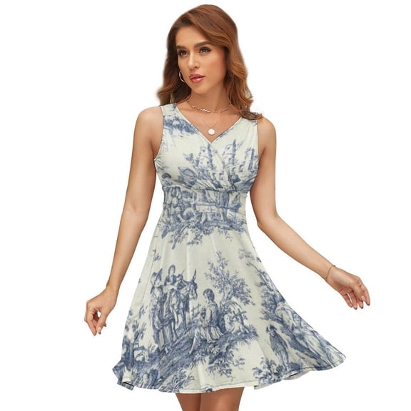 Powder Blue French Toile Picnic Designs Dress Summer Street Style Dresses Female Sleeveless Printed Sundress