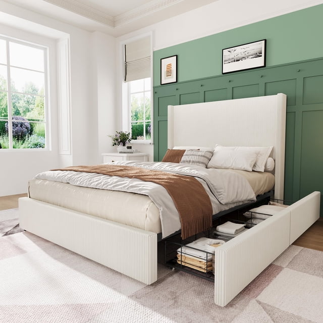 Yiwa Cream White Queen Upholstered Platform Bed, Storage Drawers Included, Wingback with Tufted Headboard and Footboard, Easy Assembly, No Box Spring Required