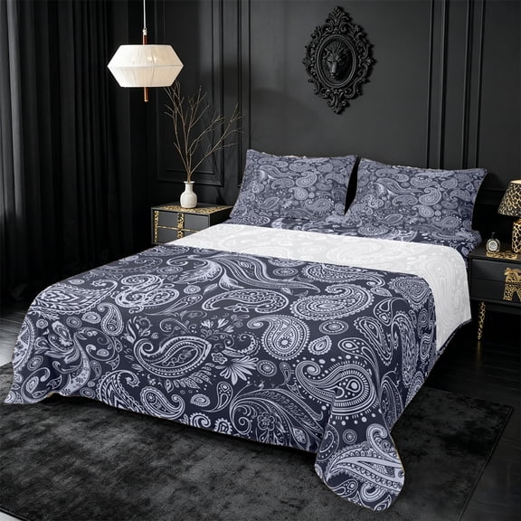meiyoeat Navy Paisley King Sheets,Vintage Print Bedding For Men Women,4pcs,1 Flat Sheet,1 Fitted Sheet and 2 Pillowcases