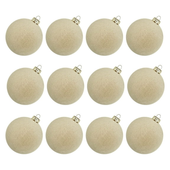 Mikilon Christmas Tree Decorations, 12 Pcs Velvet Christmas Balls Flocked Christmas Tree Ball Ornaments Plastic Balls Xmas Decorative Hanging Ornaments Christmas Tree Decoration 2.36 Inch, Beige