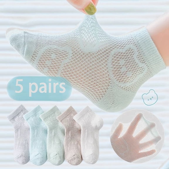 Krdevn 5-Packs Kids Socks Summer Lightweight Short Socks for Boys and Girls for Spring Wear Featuring Cute Bear Design and Breathable Mesh,6-8 Years