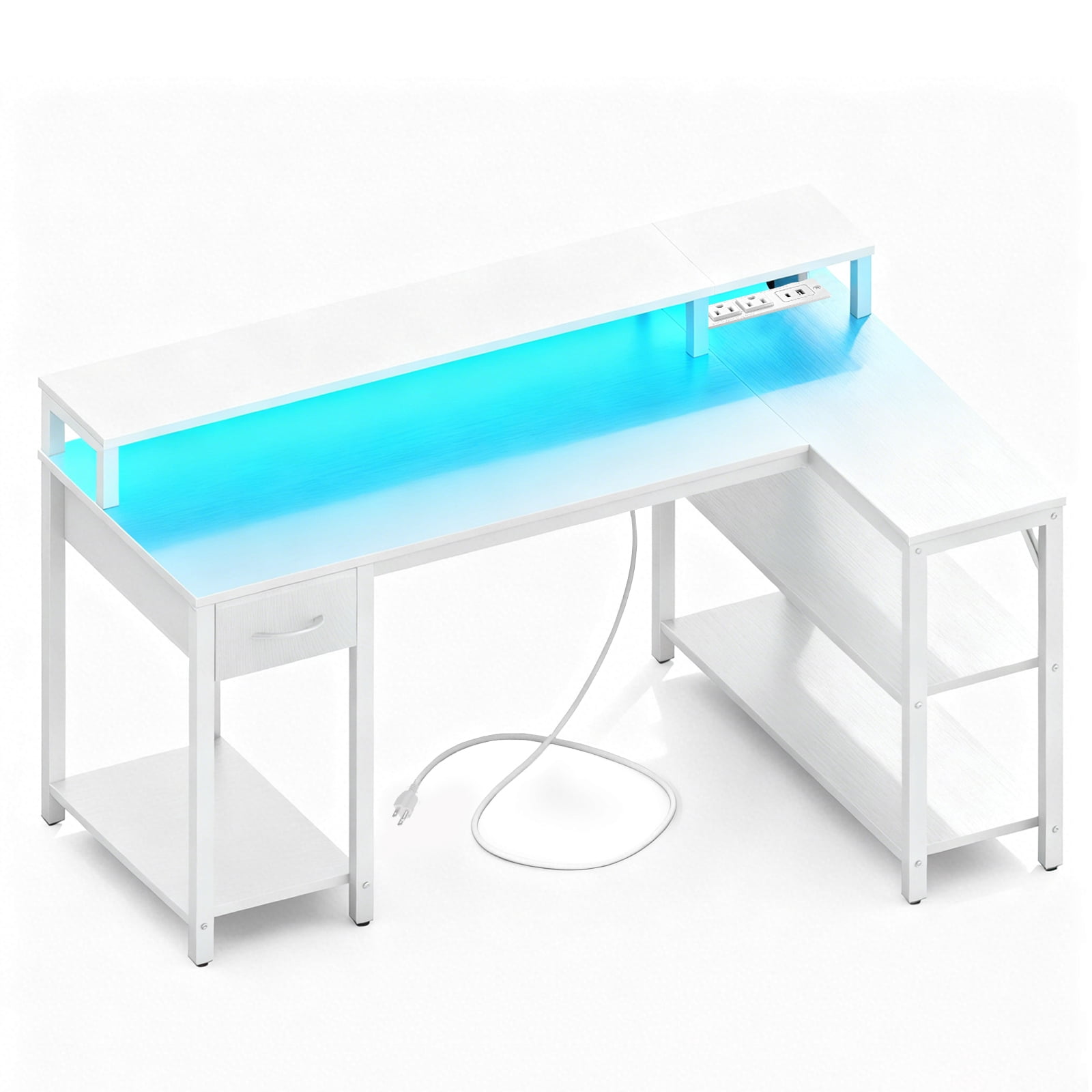 KPUY 47-Inch L Shaped Desk with USB Charging Port LED Light and Monitor Stand, Gaming Desk Home Office Desk for Home Office Dorm Sturdy Writing Workstation, White