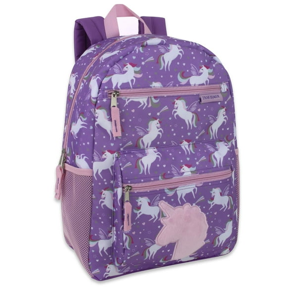 Trail maker Mochilas escolares para niños de 17 pulgadas, felpa para niñas con bolsillos laterales, correas acolchadas (felpa unicornio amor)