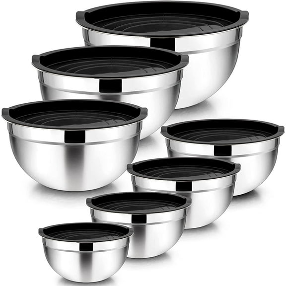 Vesteel 7 PCS Stainless Steel Mixing Bowls, Metal Nesting Salad Bowls with Lids, 4.5/3.5/3/2.5/1.5/1.2/0.7 QT - Black
