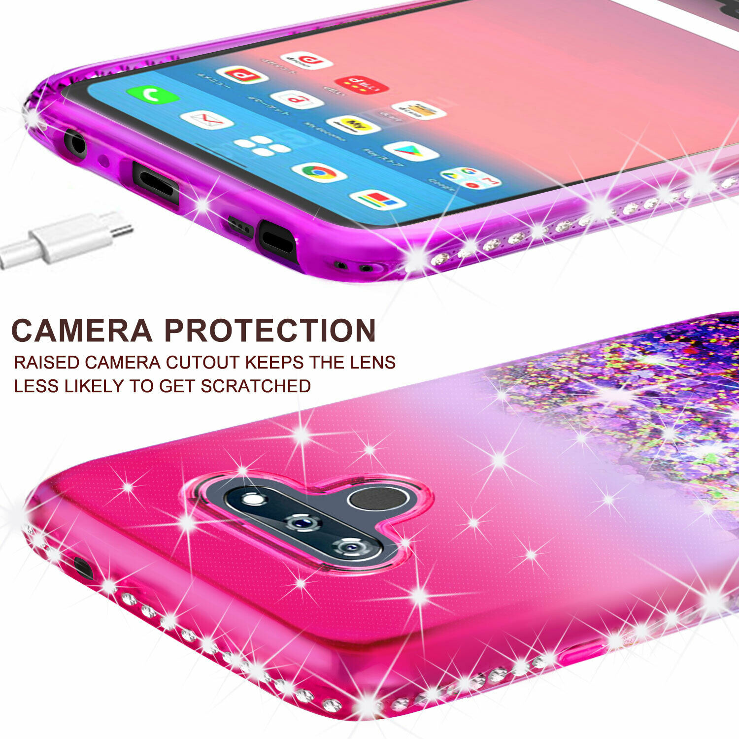 LG LG Harmony 4, Premier Pro Plus L455DL Case w[Temper Glass] Cute Liquid Glitter Bling Diamond Bumper Girls Women Phone Case for LG LG Harmony 4, Premier Pro Plus L455DL - Pink/Purple - image 5 of 5