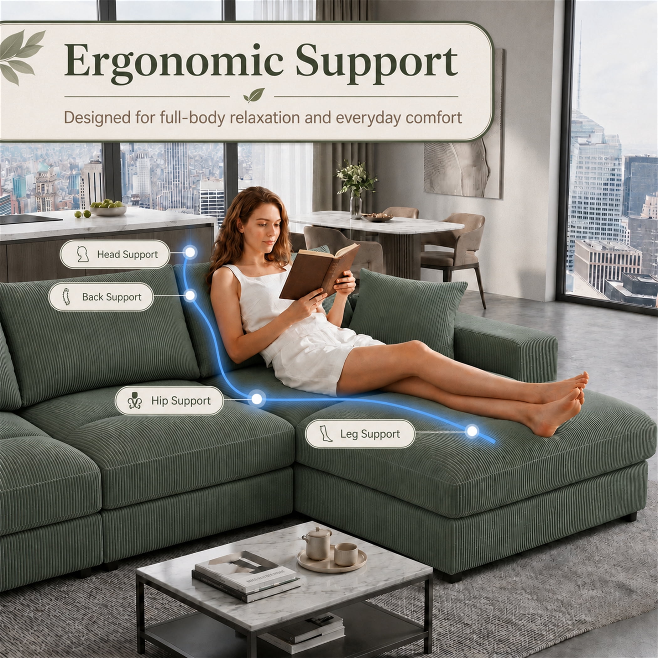 Aukfa 135" Oversized U shape Sectional Couch Modular Sofa for Living Room, 2 Ottoman&Pillows, 25" Deep Seat, Corduroy, Dark Green