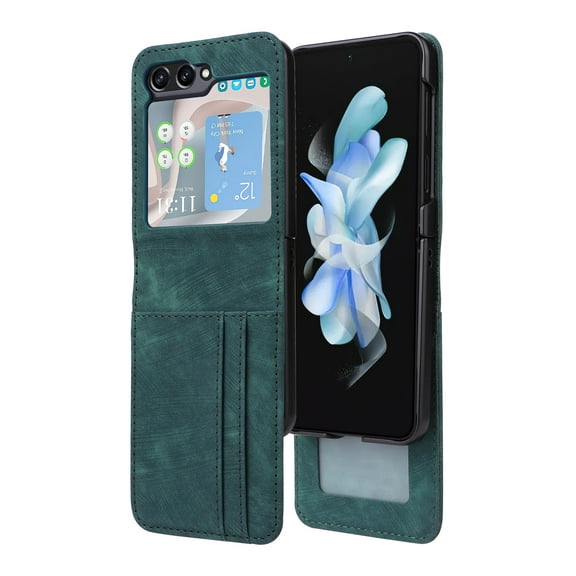 Allytechgroup Wallet Case for Samsung Galaxy Z Flip 5, Slim Fit PU Leather Retro Stylish Cards Slots Photo Holder Phone Case Cover for Galaxy Z Flip5, Green