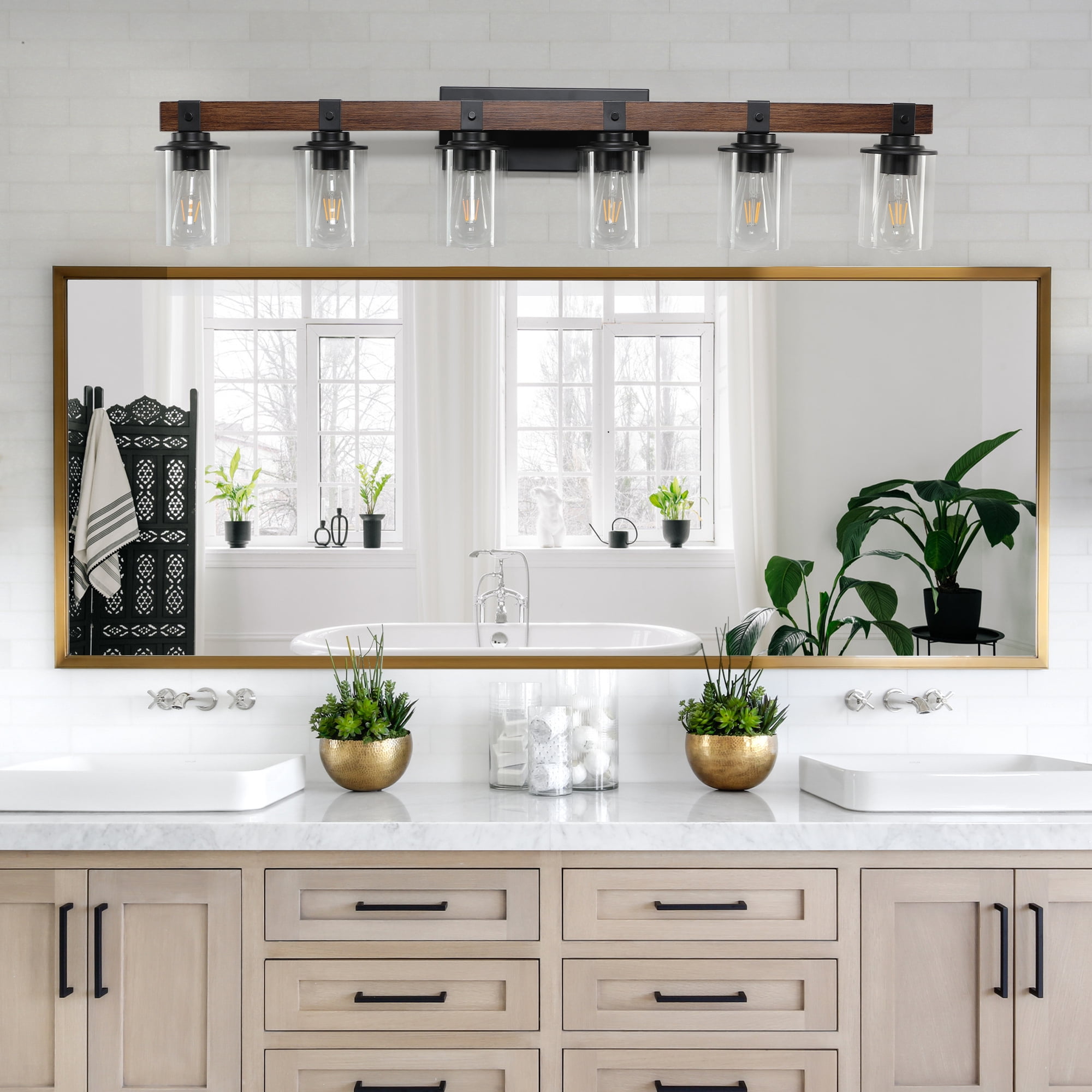Leumius 6-Light Bathroom Vanity Light, Industrial Wall Sconce with Glass Shades and Wood Accent, Modern Farmhouse Lighting Fixture for Mirror, Bathroom, Bedroom and Hallway Walnut (No Bulbs)