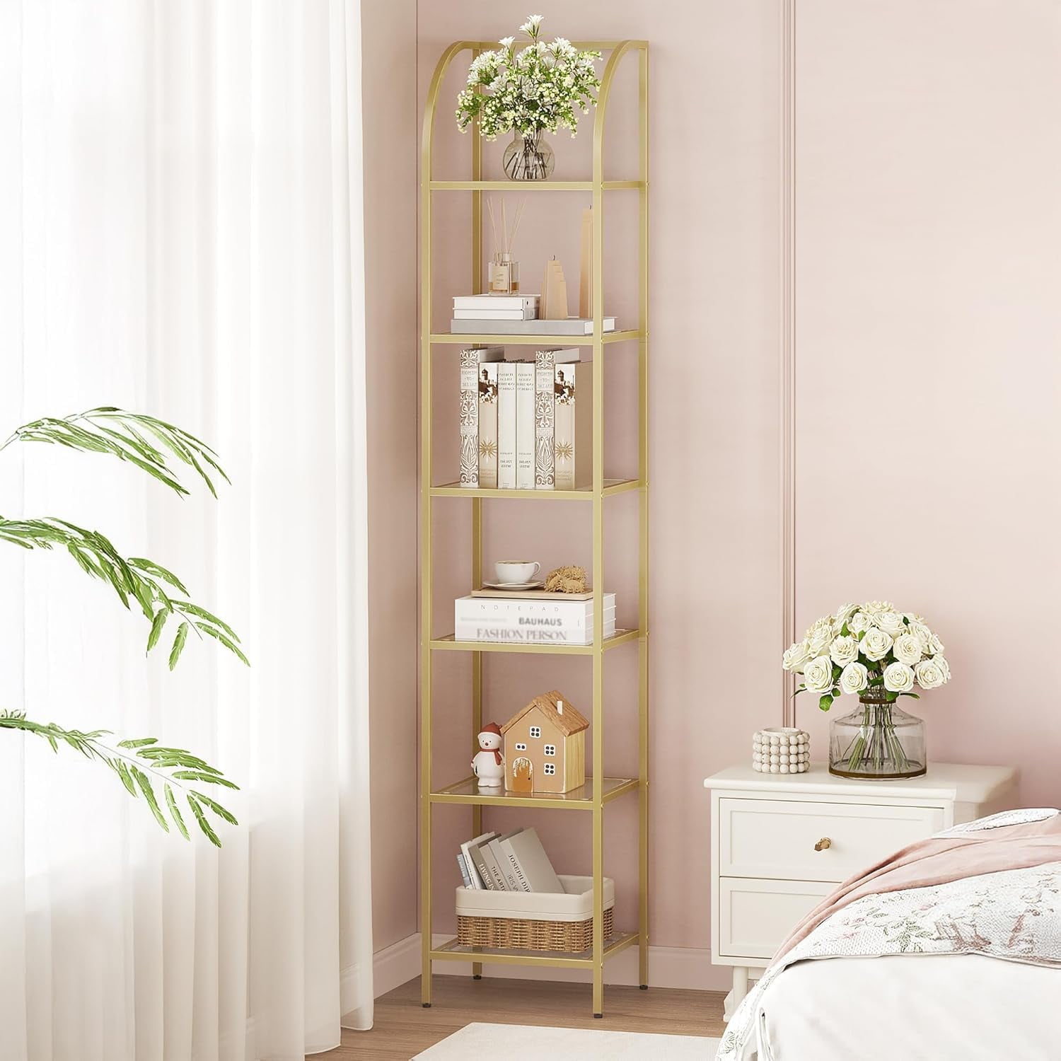 Bookcase Bookshelf, Tempered Glass Arched Bookshelf for More Storage, Slim Shelving Unit for Bedroom, Bathroom, Home Office, Steel Frame, 6 Tier Gold BC20699G