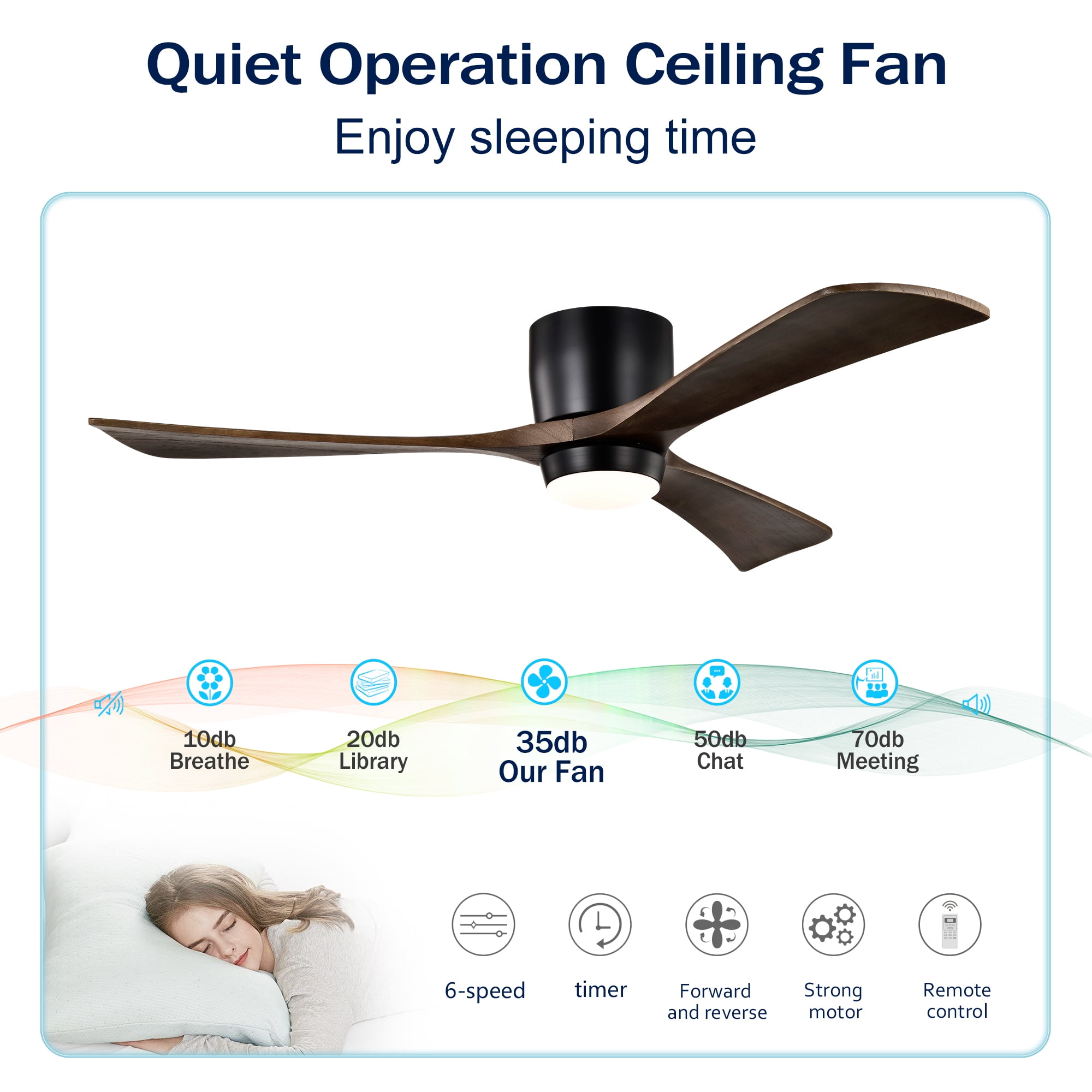 Leumius 52" Flush Mount Solid Wood Blades Ceiling Fan with Light and Remote Control,Quiet DC Motor 6 Speed Levels,Reversible for Patio Living Room Bedroom Office Black