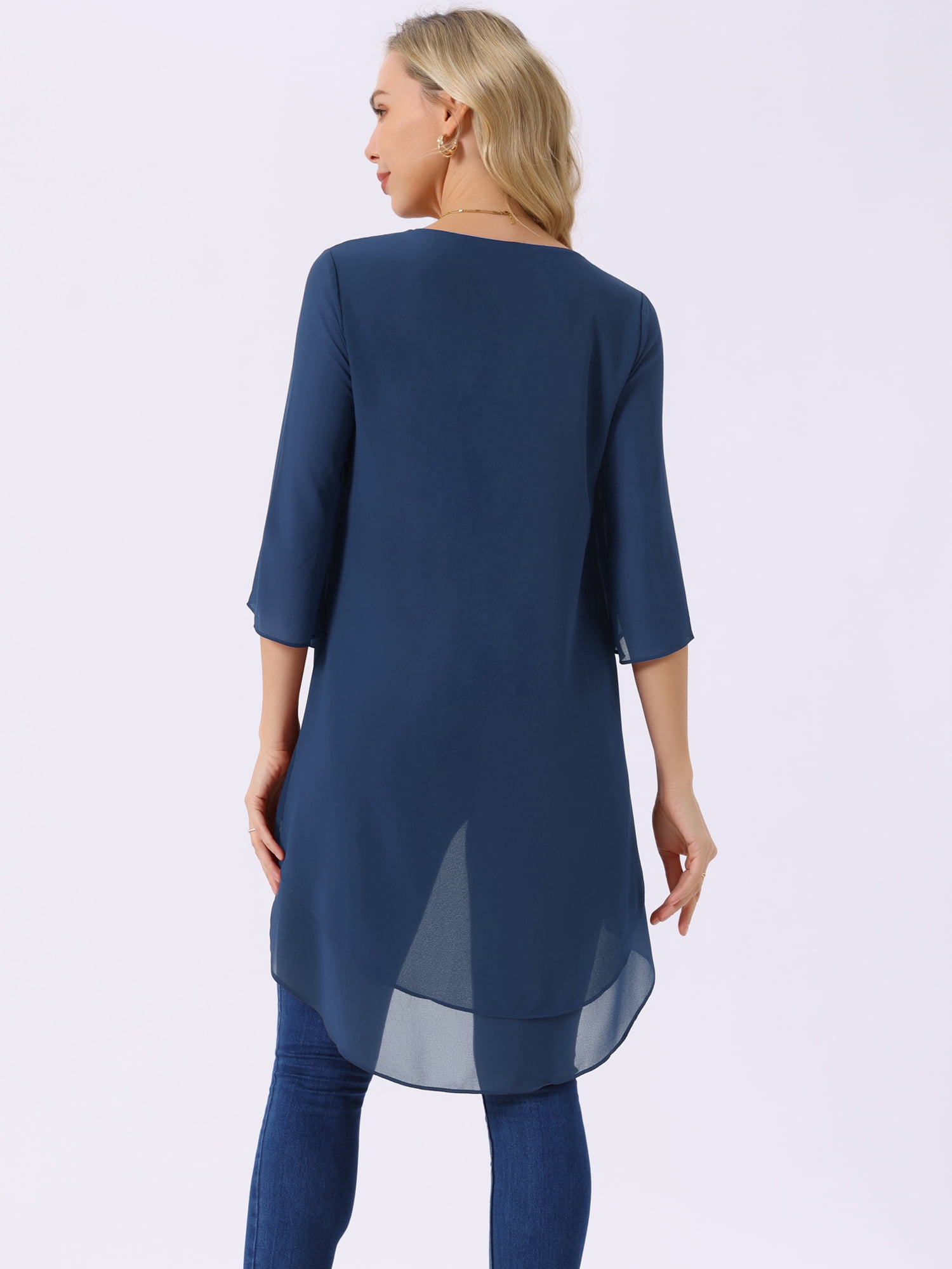 DARING DIVA Women's 3/4 Sleeve High Low Hem Scoop Neck Chiffon Blouses S Dark Blue