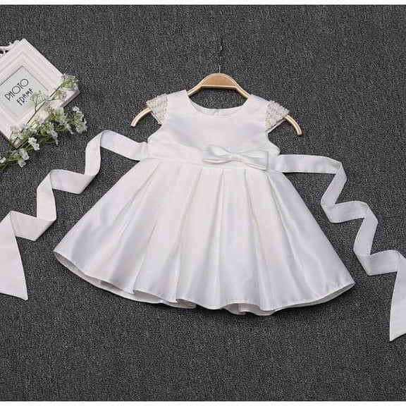 Baby Girls Baptism Dress Toddler Girls Christening Gown Flower Girl Dress Pearl Sleeve 24M