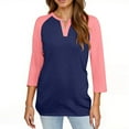 thumbnail image 4 of Lumtrix Women's Casual 3/4 Sleeve T Shirts Button Down V Neck Tunic Blouses Color Block Basic Tee Tops Loose fit Summer Henley Shirt Navy L, 4 of 4