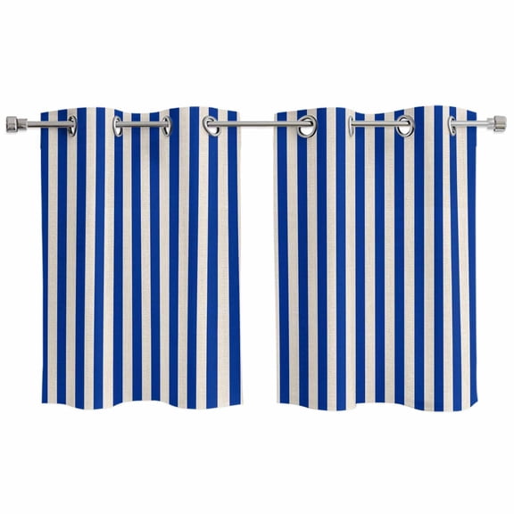 2 Panels Kitchen Tier Curtains 39 Inch Length, Dark Blue Striped Grommets Window Treatment Curtain, Modern Beige Geometric Country Thermal Curtains Drapes for Living Room/Bathroom