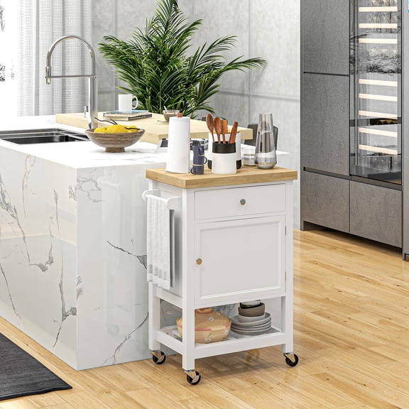HOMCOM Utility Kitchen Cart, Rolling Kitchen Island with Rubberwood Top, Narrow Butcher Block Surface on Wheels with Storage Drawer & Cabinet, White