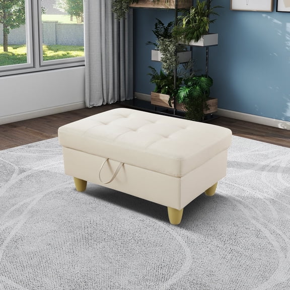 Faux Leather Storage Ottoman with Hidden Compartment for Bedroom, White