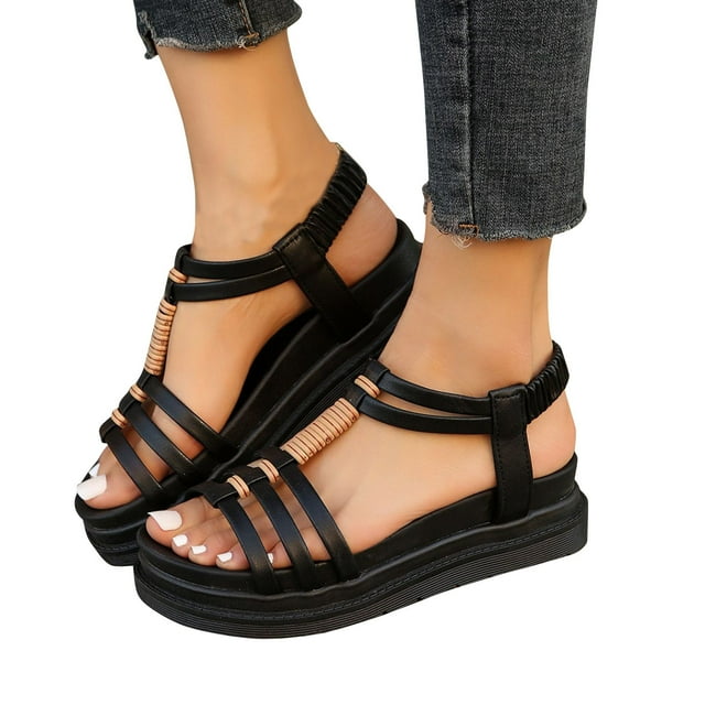 Womens Gladiator Sandal Strap Open Toe Elastic Platform Chunky Thick Bottom Slip on Solid Color Comfortable Non Slip Breathable Walking Sandals Black