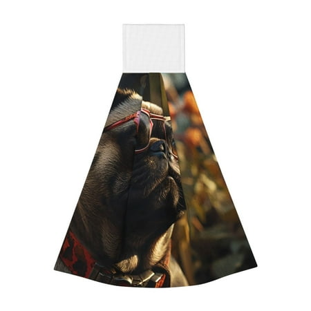 

Zufioo Pug Wearing Sunglasses Flowers Print Coral Fleece Velcro Hand Towel Hangable Absorbent Hand Towel Suitable for Kitchen Bathroom Household Items