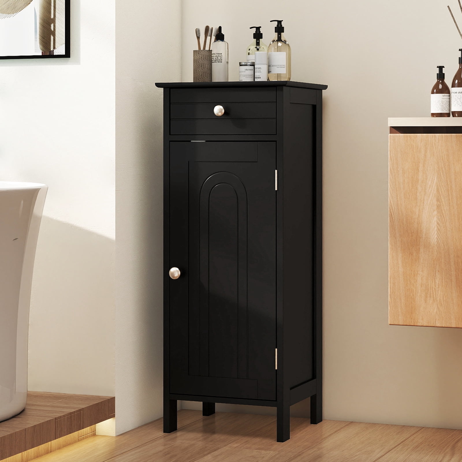 Costway Bathroom Storage Floor Cabinet Organizer Free-Standing w/ Drawer Black