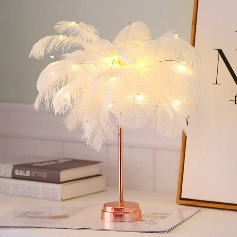 Creative Feather Table Lamp, Feather Lampshade LED Night Lamp Bedside Table Lights , USB & Battery Dual Use Feather Desk Lamp for Bedroom Wedding
