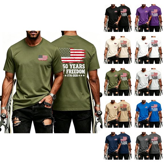 4th of July Shirts for Men 2026 Independence Day Short Sleeve Crewneck Patriotic Shirt America Flag Graphic Tee Shirts