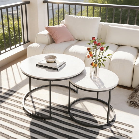 Nesting Coffee Table Set of 2, 27'' Round Coffee Table,Wood Marble Pattern Top with Metal Frame,End Table Side Tables for Living Room,Bedroom,Balcony,Yard