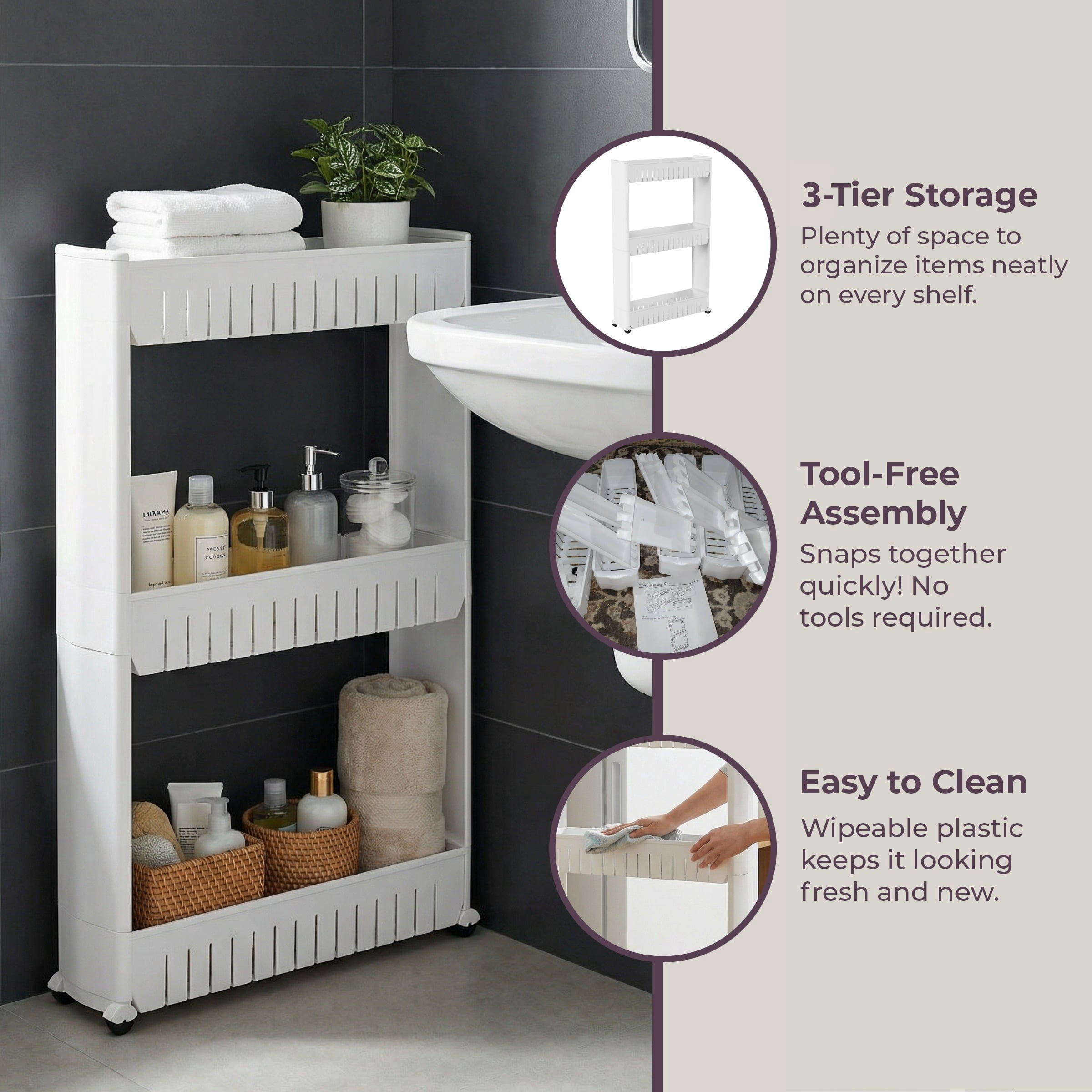 Everyday Home 3 Tier Shelf Rolling Cart - Narrow-Space Kitchen or Bathroom Shelf Organizer Cart - Slim Slide-Out Storage Shelves for Kitchen, Bathroom, Laundry and Pantry
