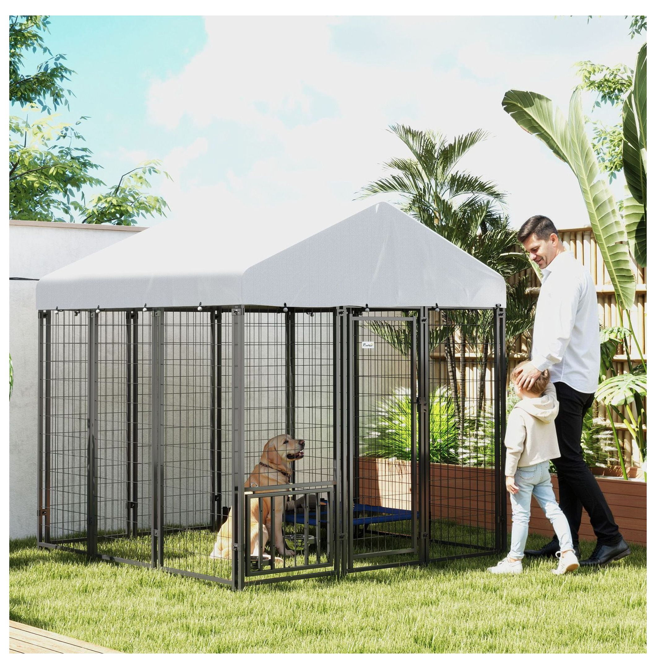 Outdoor Dog Kennel 5.9'x5.9'x6', Large Dog Run with Roof, Rotating Bowls & Adjustable Height Racks - Secure Pet Enclosure