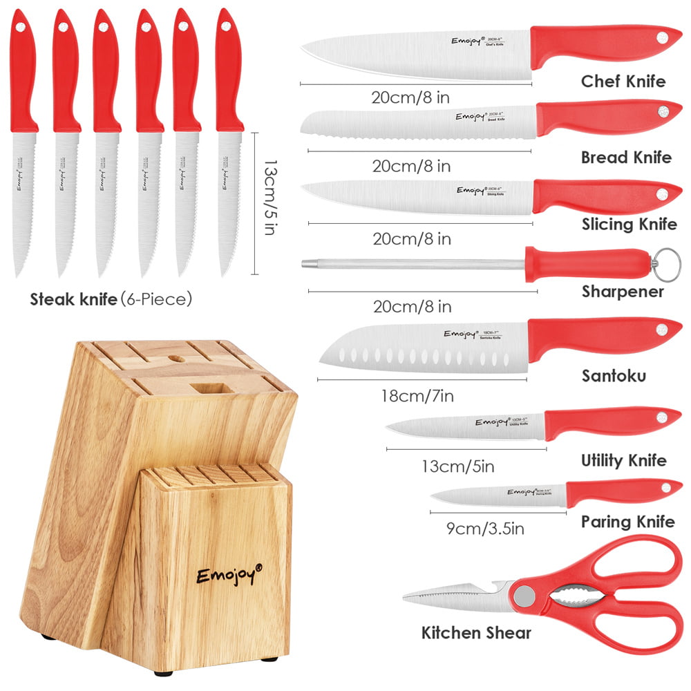 Emojoy Knife Set, 15-Piece Kitchen Knife Set with Block Wooden, Red Handle  for Chef Knife Set, Kitchen Knives Sharpener and Scissors German Stainless  Steel