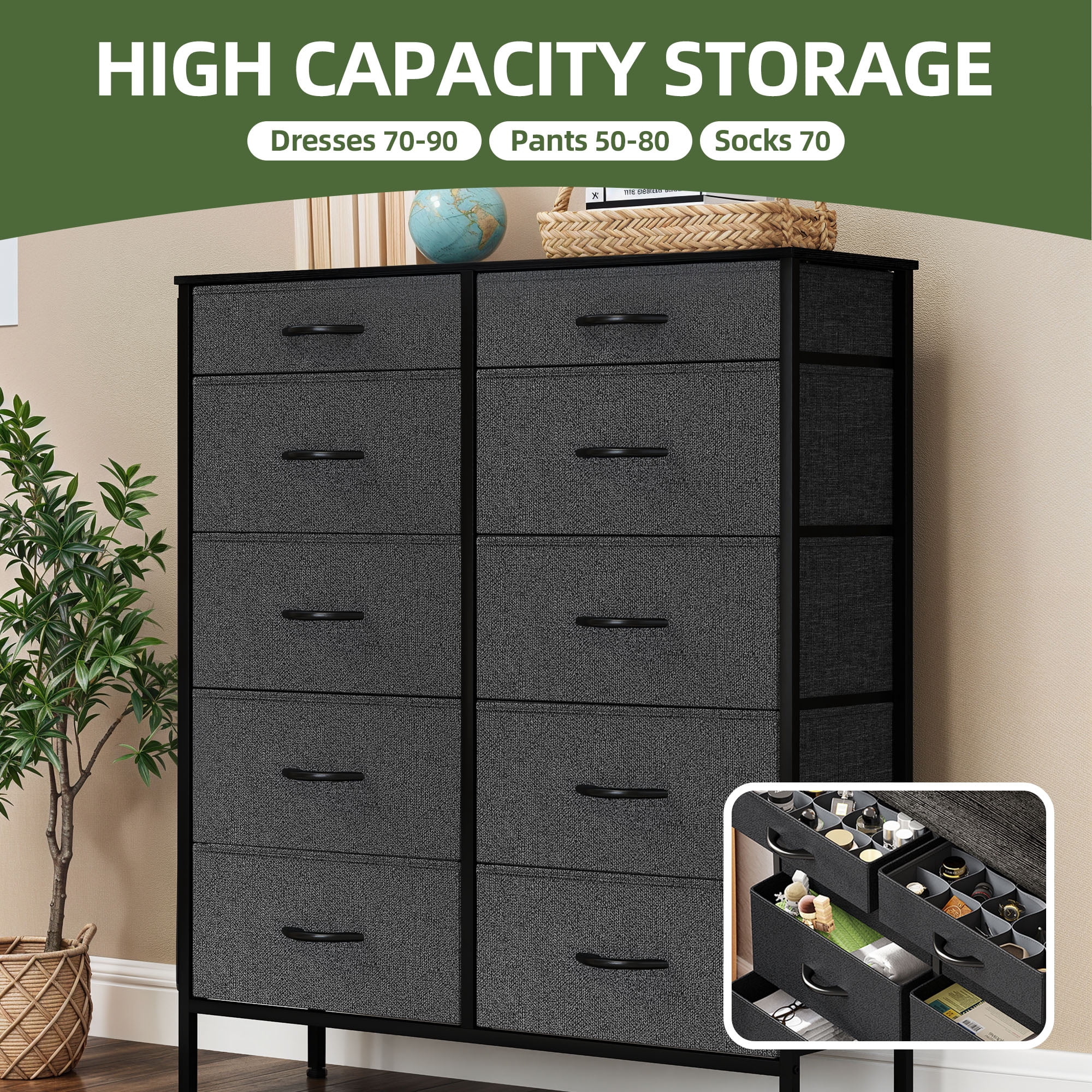 Uforic 10 Drawer Fabric Storag Dresser with Side Pockets, Sturdy Steel Frame, Wooden Top, for , Closets for Adult, Black Ash