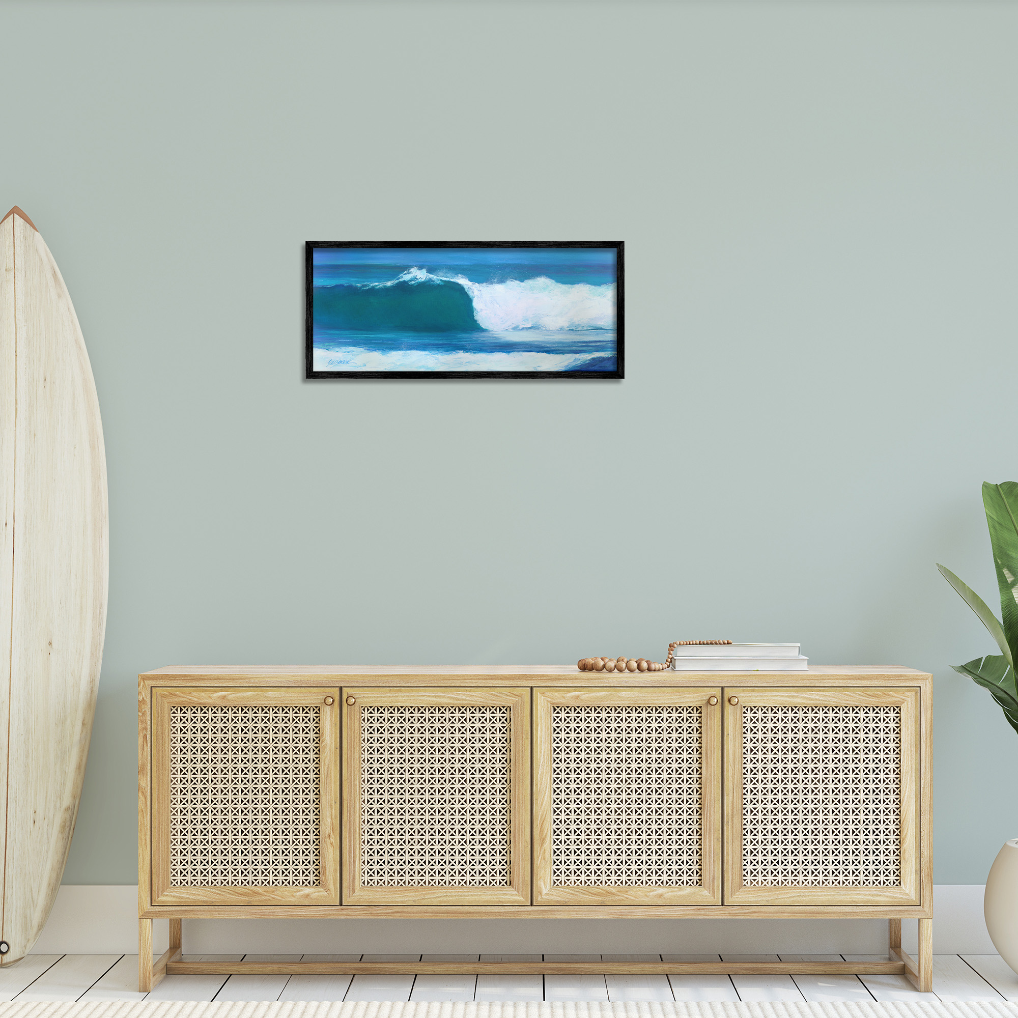 Stupell Industries Crested Beach Wave Nature Painting Black Framed Art Print Wall Art, 30 x 13