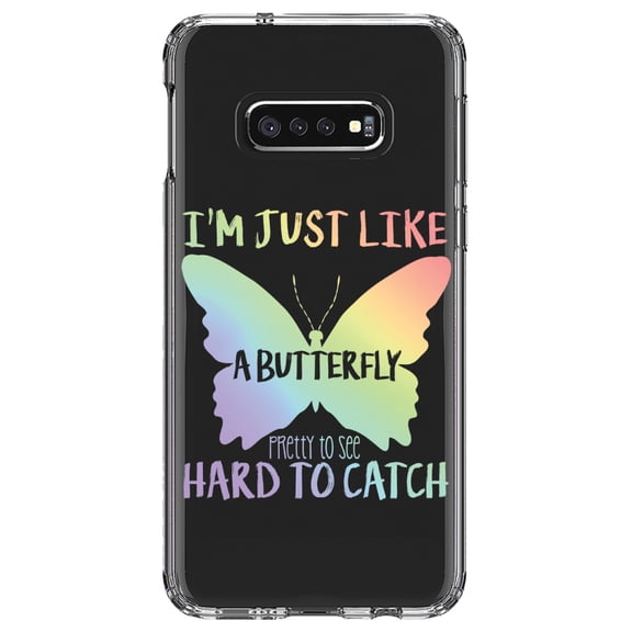 DistinctInk Clear Shockproof Hybrid Case for Samsung Galaxy S10e (5.8" Screen) - TPU Bumper Acrylic Back Tempered Glass Screen Protector - Like Butterfly - Pretty to See Hard to Catch