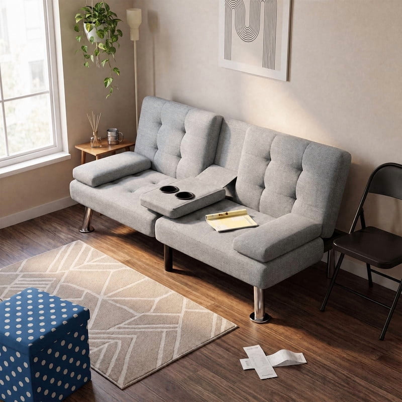 Lacoo Futon Sofa Bed, Linen Convertible Couch Sleeper Sofa, Cup Holders, Small Spaces,Gray