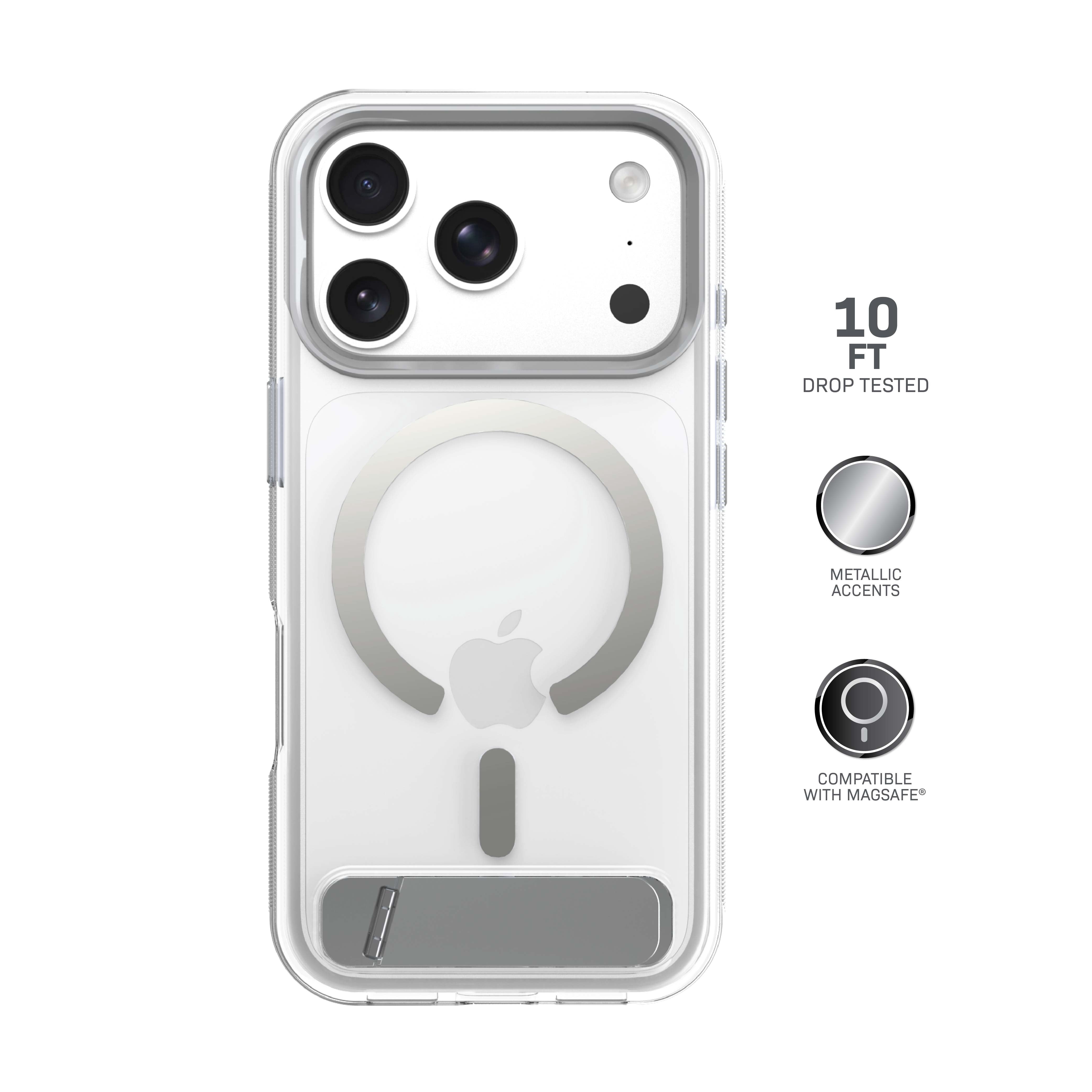 Body Glove Reflector Phone Case with Metallic Kickstand for iPhone 18 Pro Max / 17 Pro Max, MagSafe Compatible - Clear/Silver