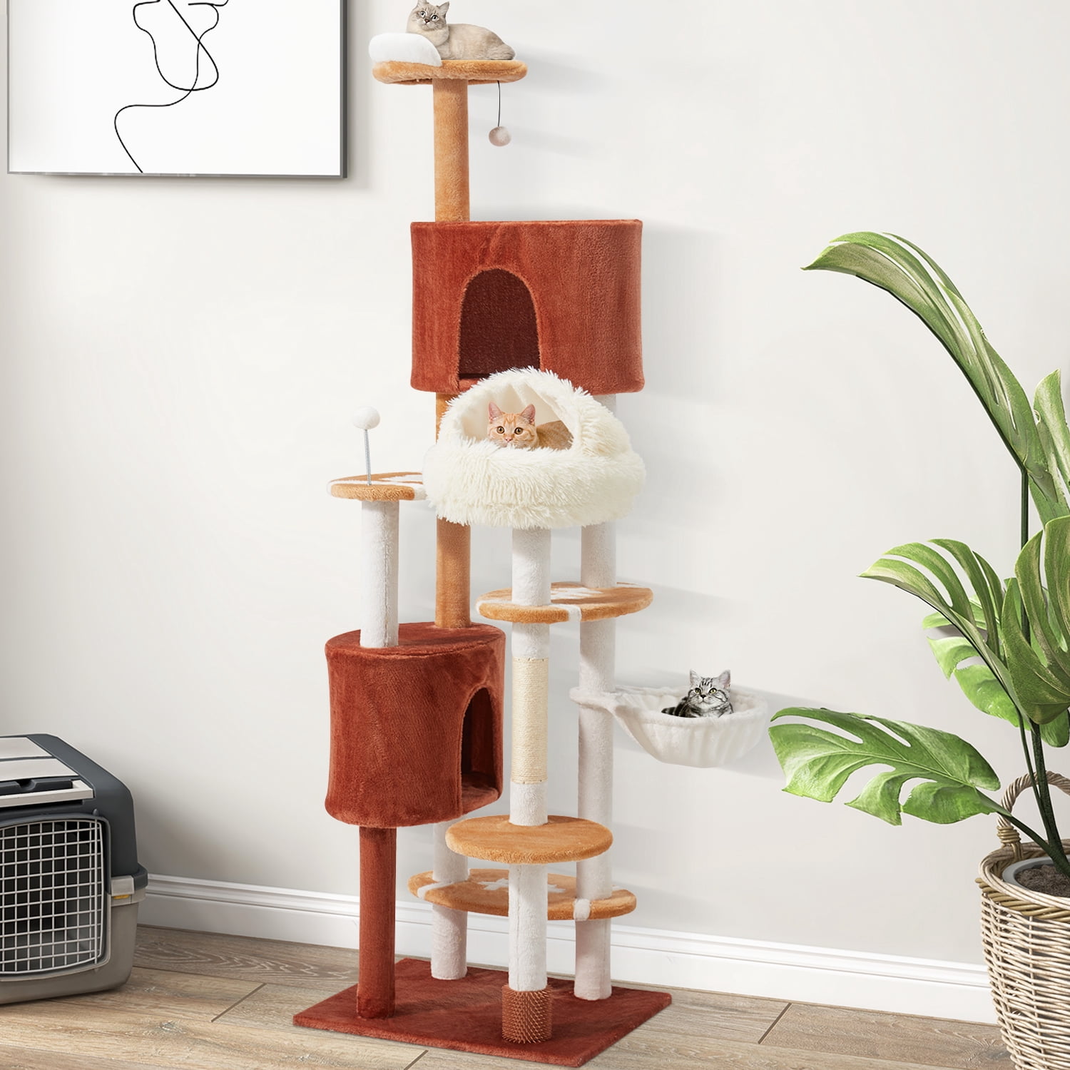 Erinnyees Cat Tree with Football Design, 74 Inches Cat Tower, Cozy Cat Cave Bed for Indoor Cats, 2 Cat Spacious Condos with Sisal Scratching Post, 5 Perches, Hammock and 2 Pompoms