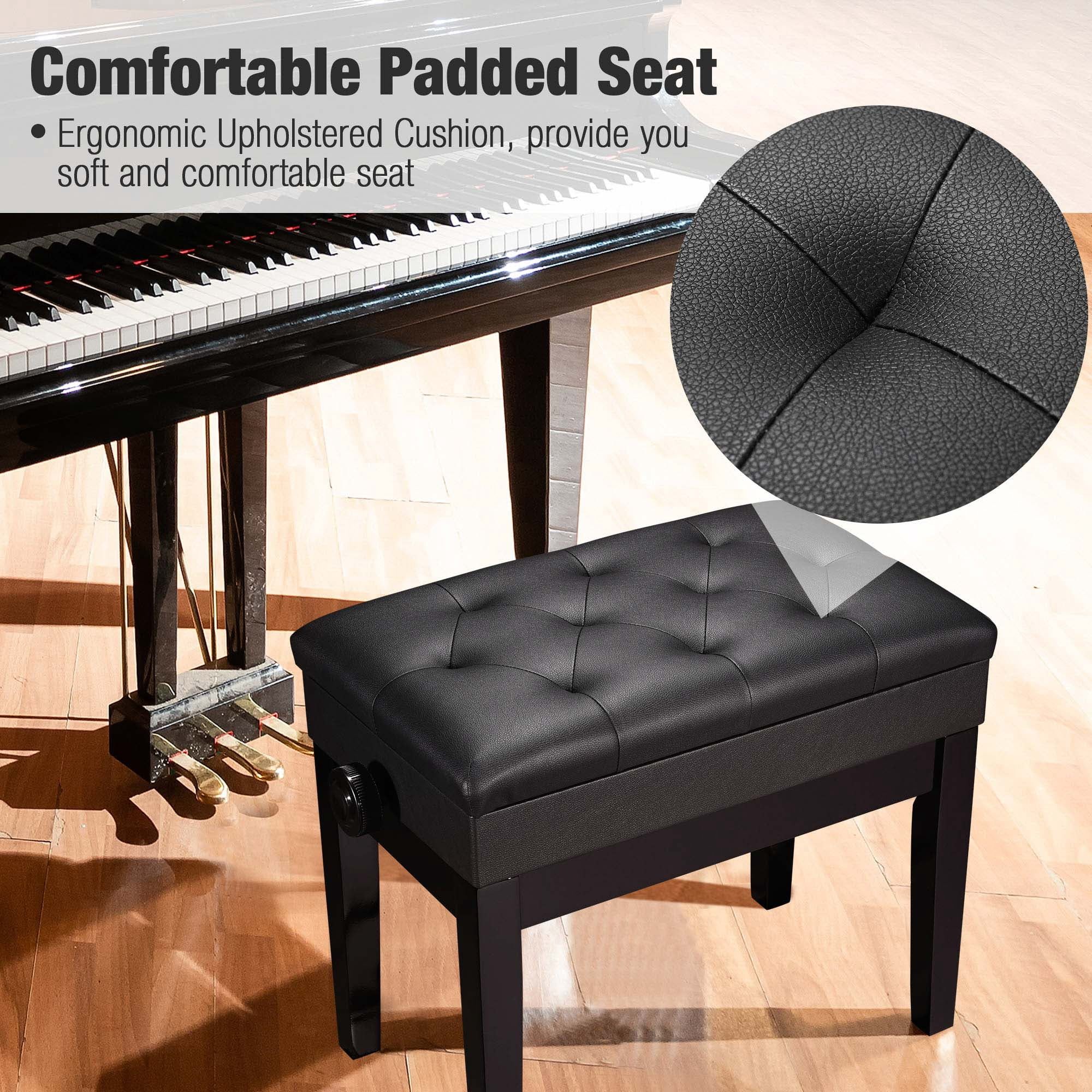 Yescom Black Adjustable Height Piano Bench PU Leather Padded Keyboard Storage Seat