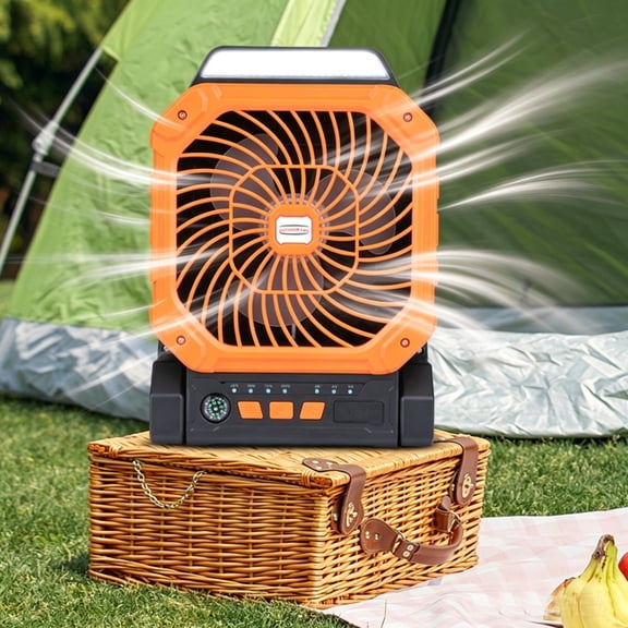 Solar Powered Camping Fan with Solar & USB Charging, 4-Speed Portable Rechargeable Fan with 3-Level LED Light, Timer and Compass for Outdoor Travel, Fishing and Home, Orange
